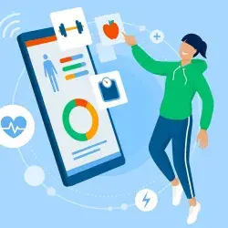 Ilustración de una mujer eligiendo de una tablet grande, un programa de ejercicio y alimentación