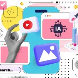 Ilustración tipo collage de herramientas digitales como videos, apps de IA, estadística, entre otros