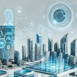 Ilustración futurista de una ciudad inteligente con hologramas, paneles digitales e íconos de inteligencia artificial, movilidad autónoma, energía sostenible y ciberseguridad, representando las tecnologías que marcarán el rumbo en 2026