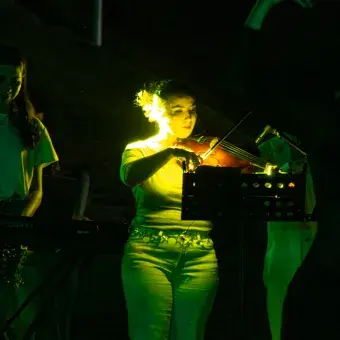 Escenario oscuro, donde se ve iluminada una chica tocando la viola.